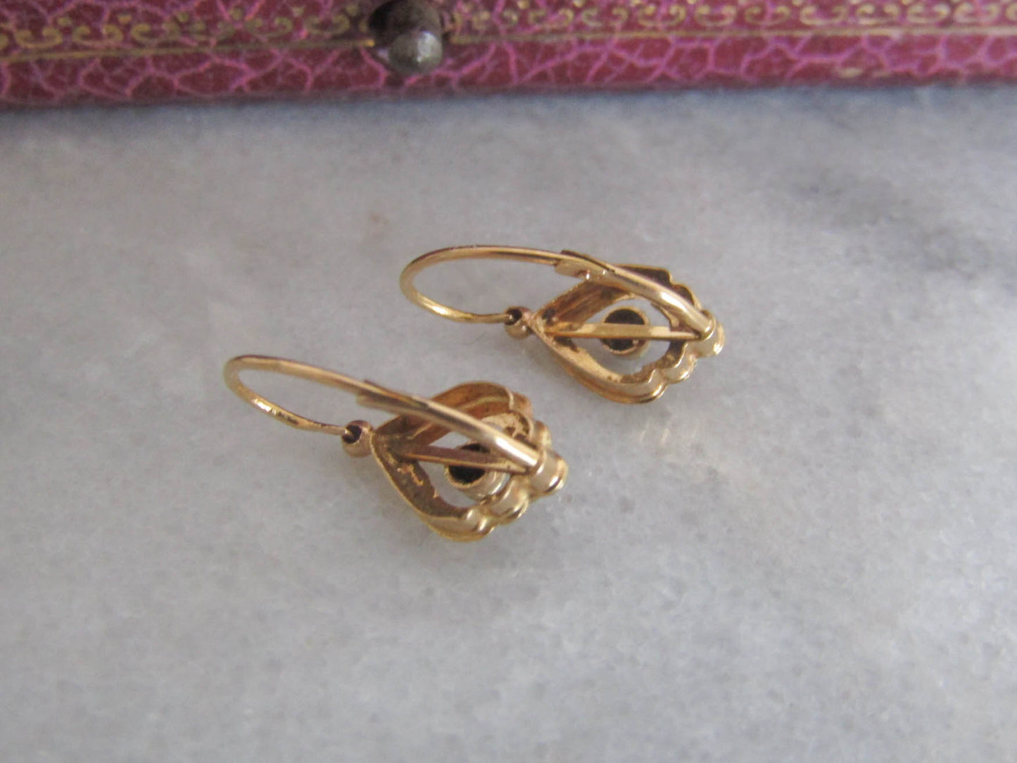 18k Solid Gold Bi-color Art Deco Earrings, Antique French Sleeper Earrings c. 1920