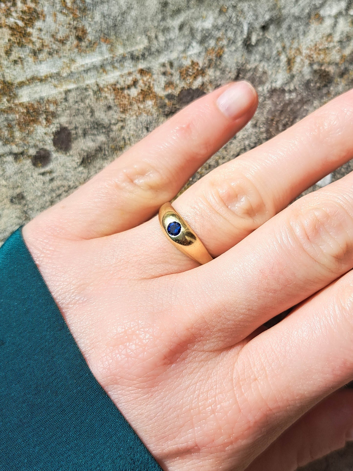 18K Solid Gold Sapphire Gypsy Ring, Vintage French Dome Jonc Ring