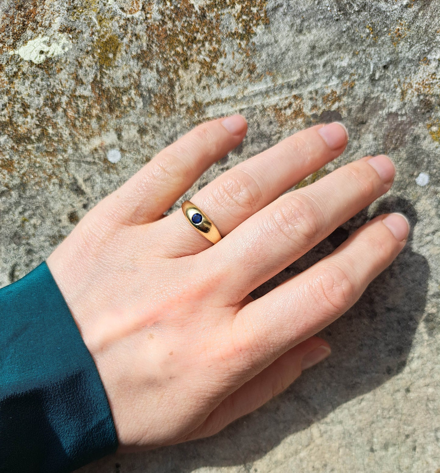 18K Solid Gold Sapphire Gypsy Ring, Vintage French Dome Jonc Ring