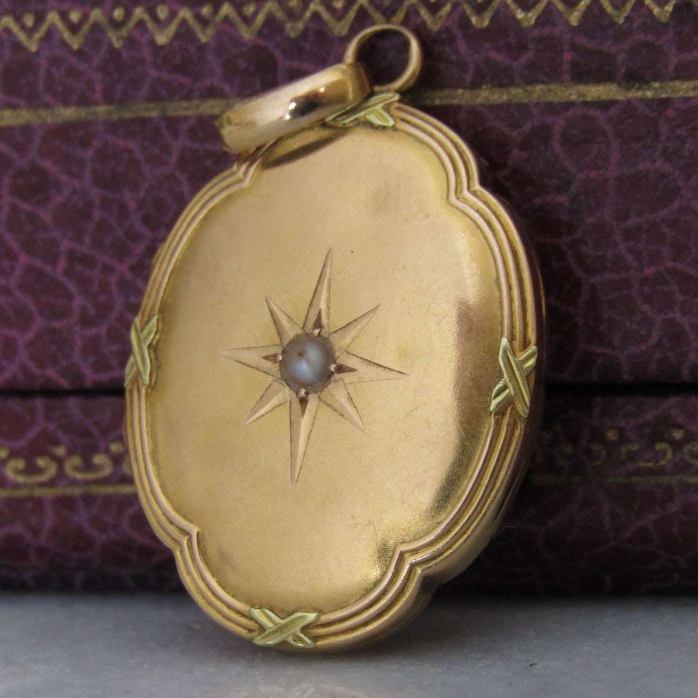 18k Edwardian Antique Quadrilobe Gold Locket, Belle Epoque Pearl Starburst Pendant c. 1900