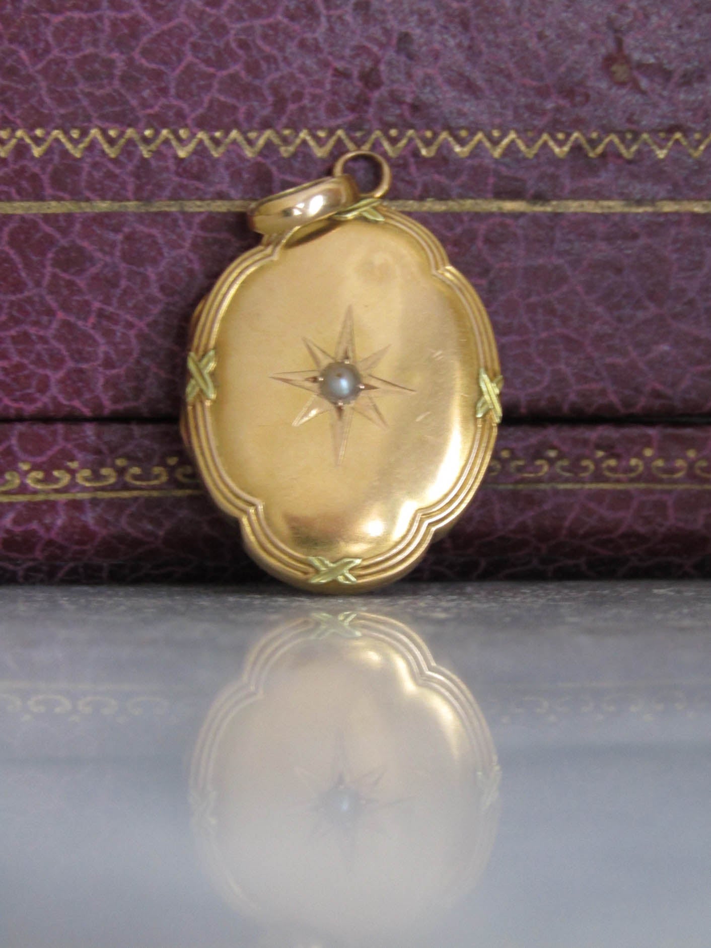 18k Edwardian Antique Quadrilobe Gold Locket, Belle Epoque Pearl Starburst Pendant c. 1900