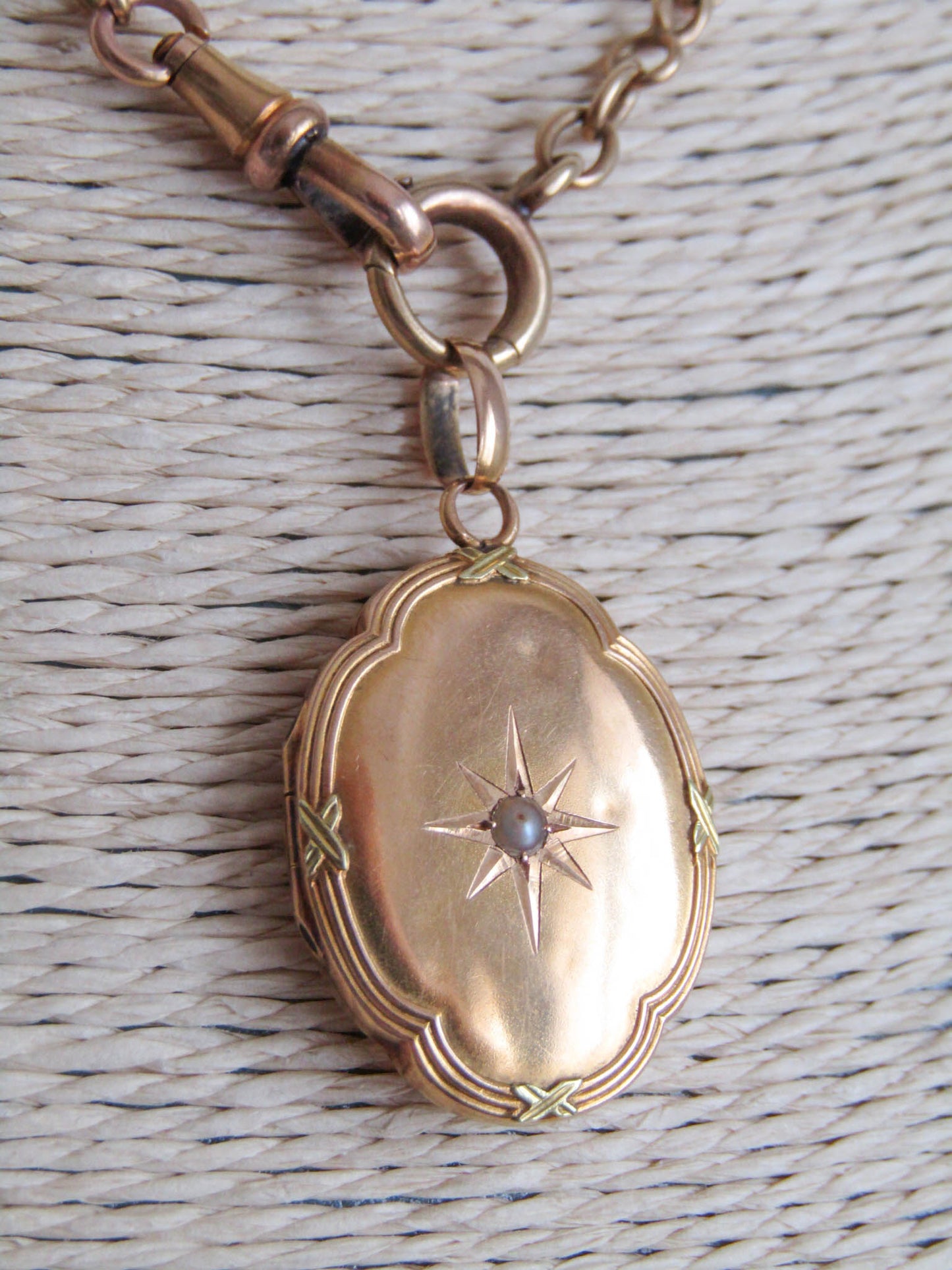 18k Edwardian Antique Quadrilobe Gold Locket, Belle Epoque Pearl Starburst Pendant c. 1900