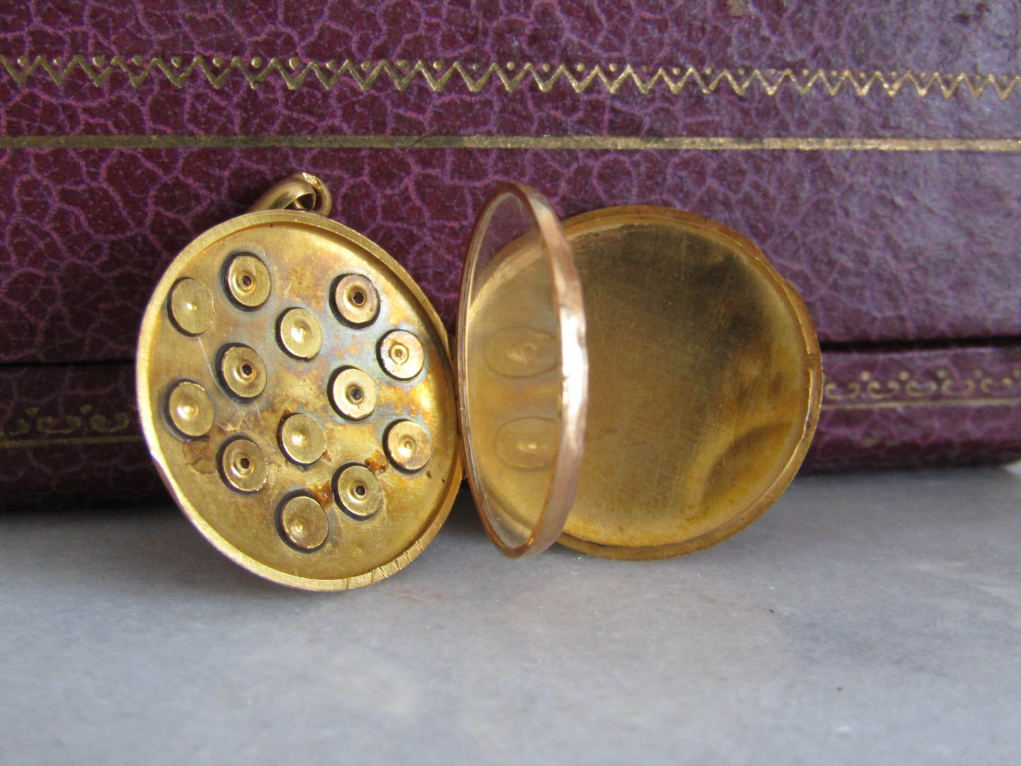 18K Victorian Ruby and Pearl Round Locket with Hinged Glass Partition, French Belle Epoque Sentimental locket