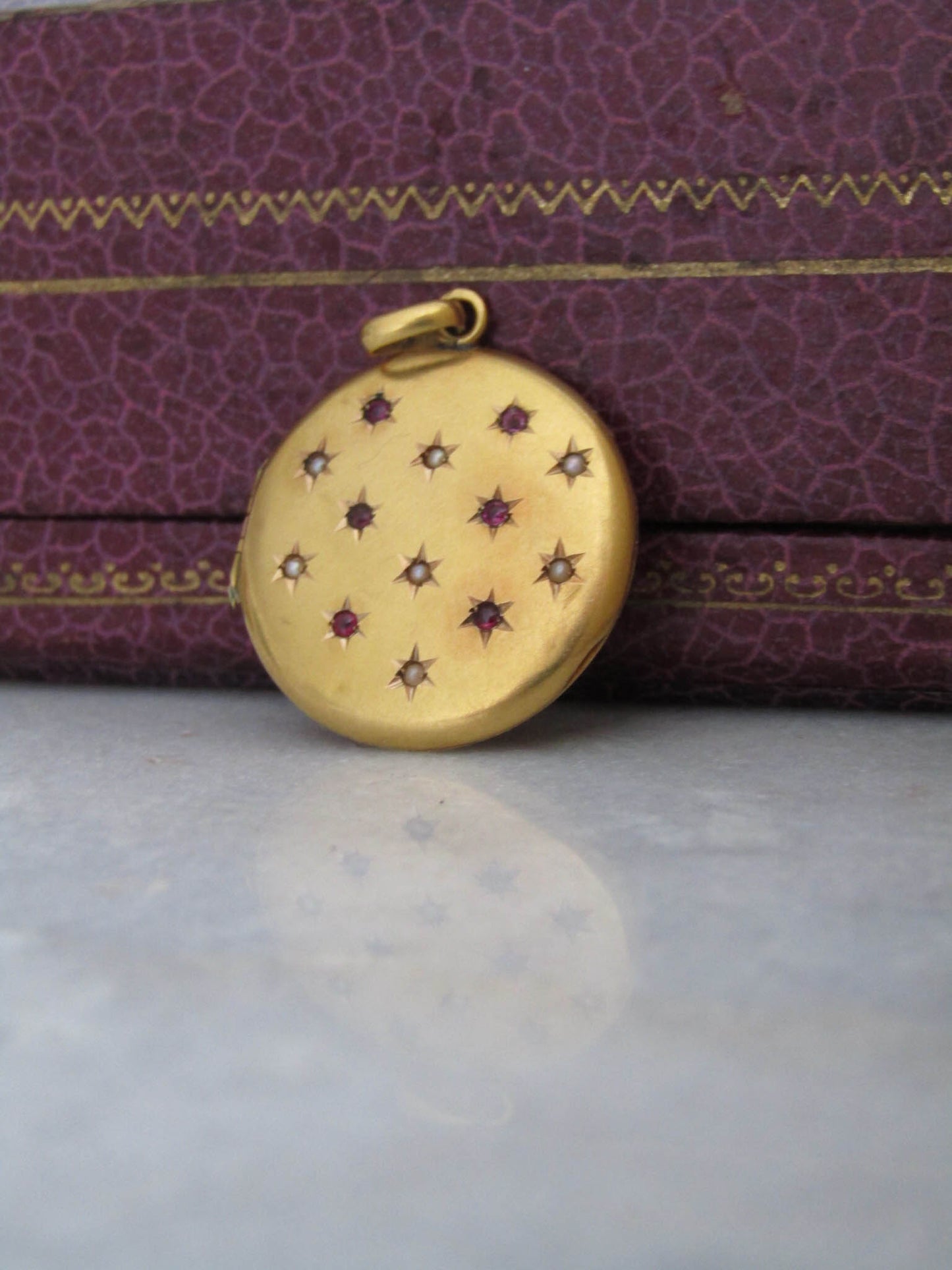 18K Victorian Ruby and Pearl Round Locket with Hinged Glass Partition, French Belle Epoque Sentimental locket