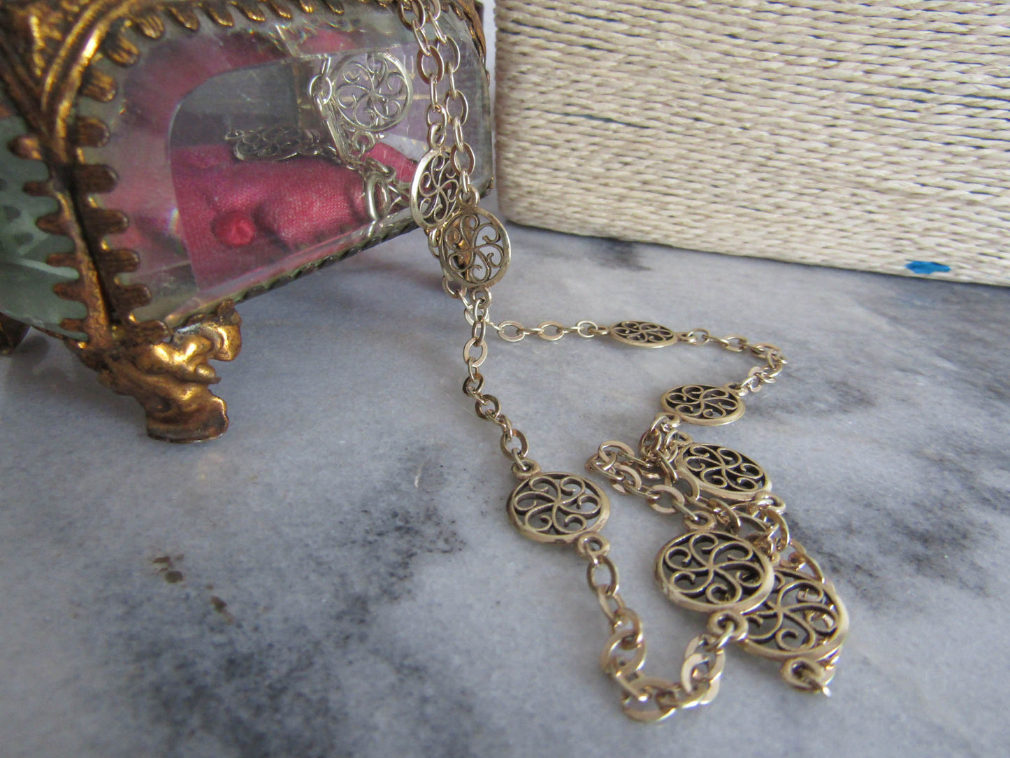 Antique Vermeil Silver and Gold Filled Filigree Chain, Vintage French Filigree Necklace