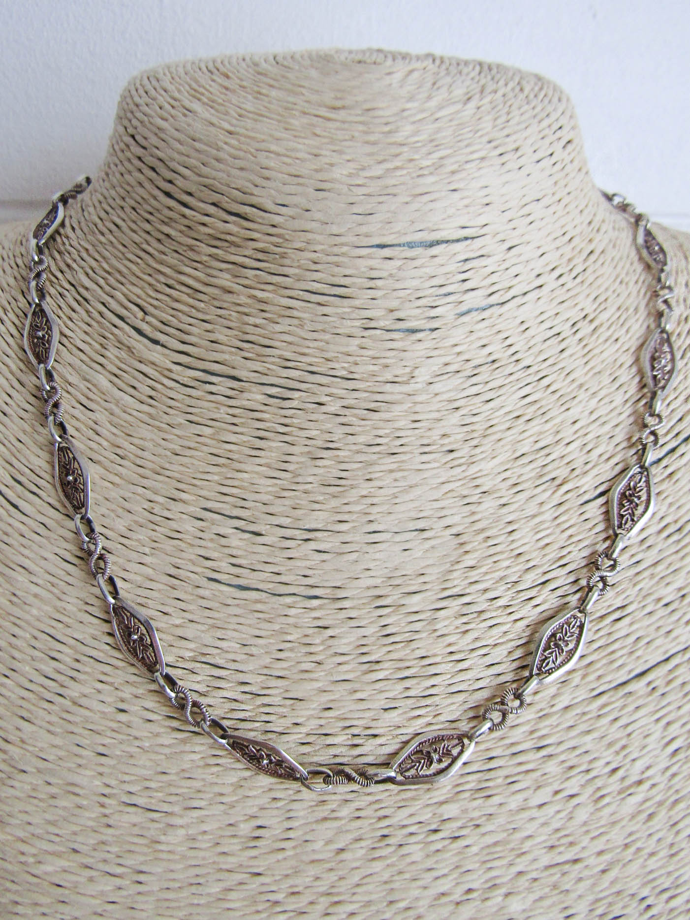 Antique Silver Floral Chain Necklace, Belle Epoque French Vintage Chain c. 1900