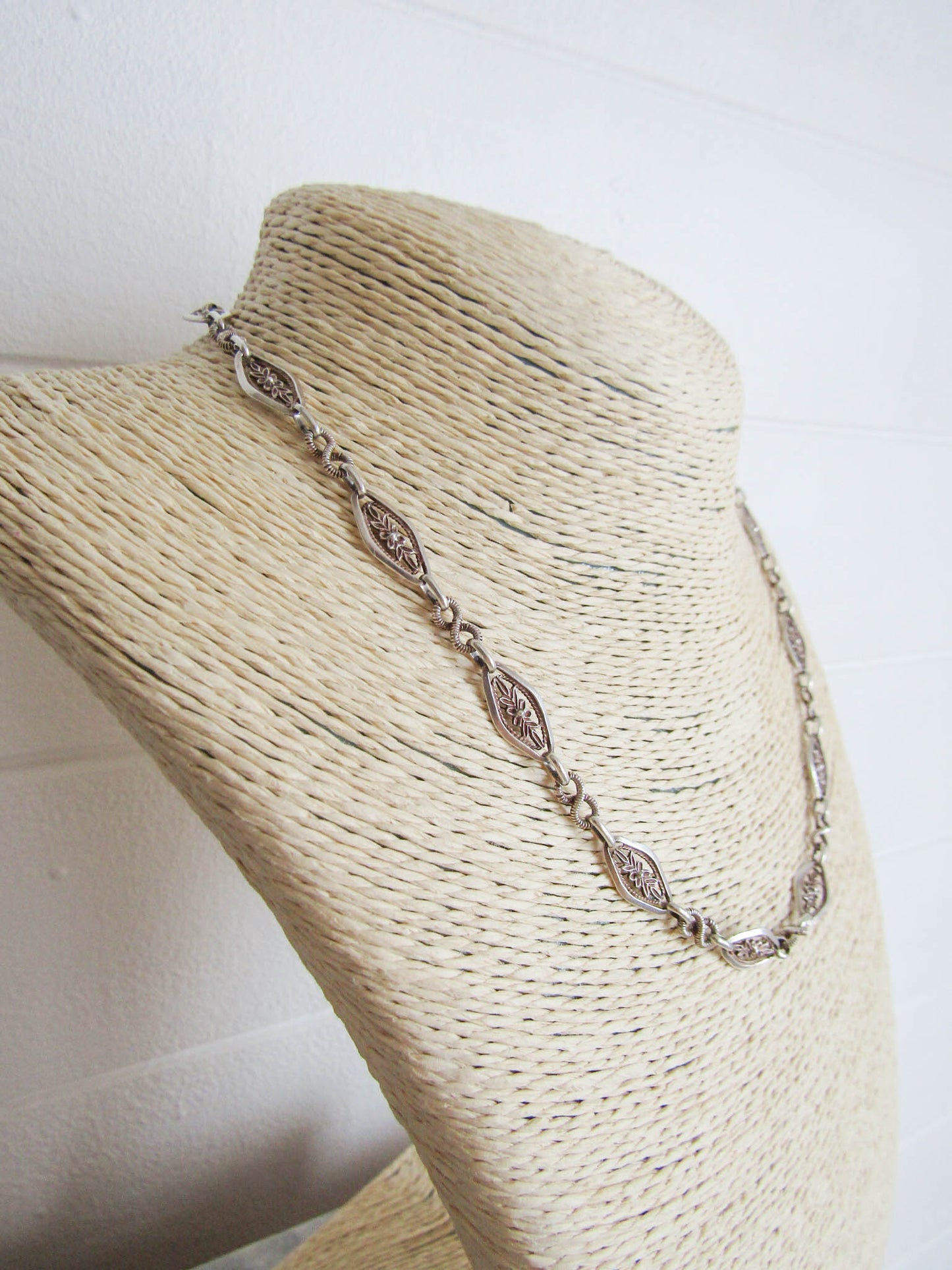 Antique Silver Floral Chain Necklace, Belle Epoque French Vintage Chain c. 1900