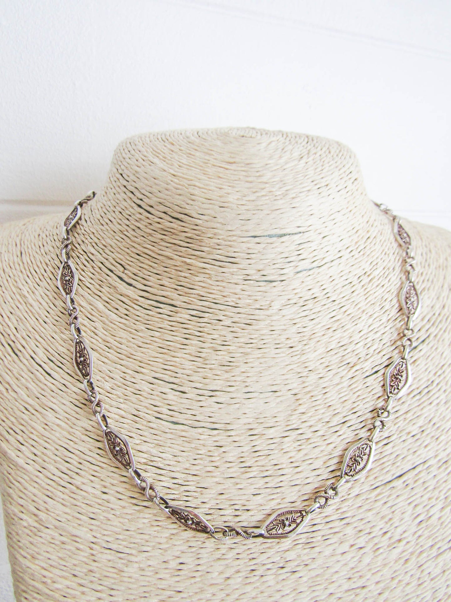 Antique Silver Floral Chain Necklace, Belle Epoque French Vintage Chain c. 1900