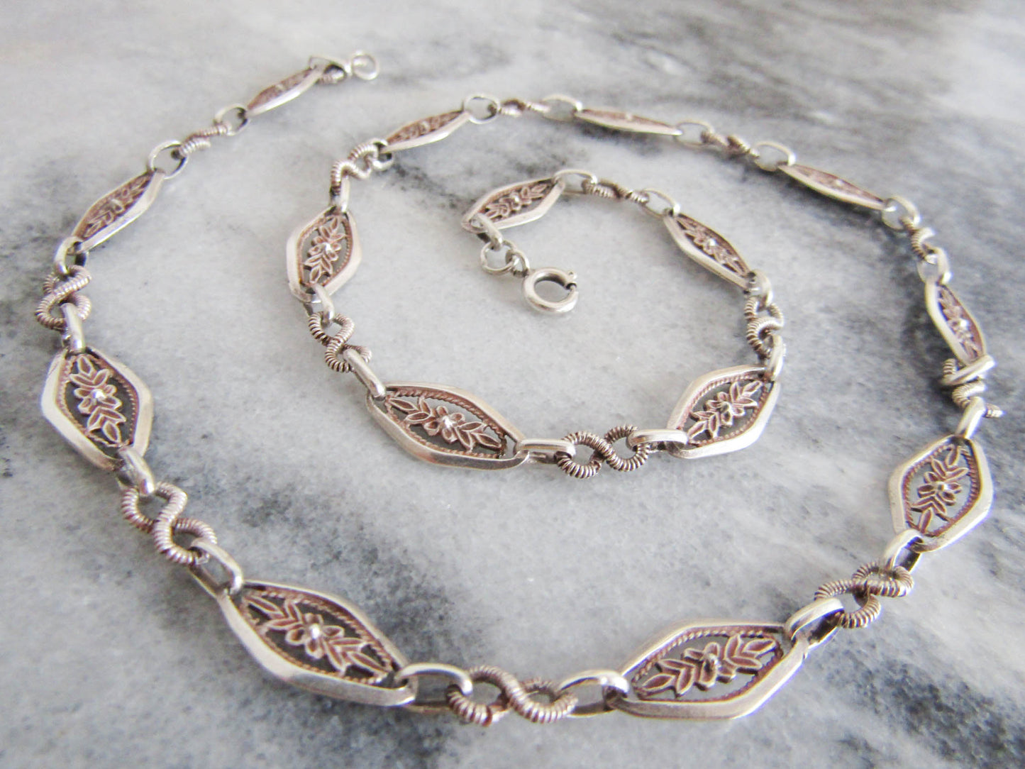 Antique Silver Floral Chain Necklace, Belle Epoque French Vintage Chain c. 1900