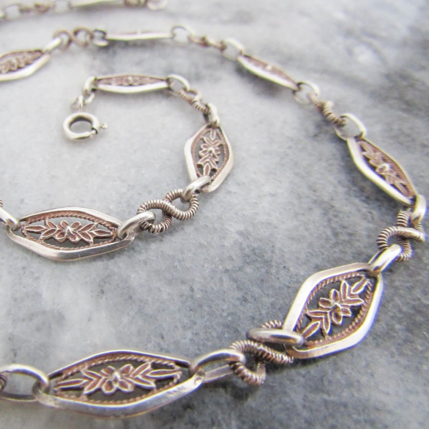 Antique Silver Floral Chain Necklace, Belle Epoque French Vintage Chain c. 1900