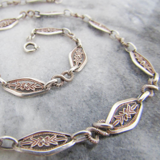 Antique Silver Floral Chain Necklace, Belle Epoque French Vintage Chain c. 1900