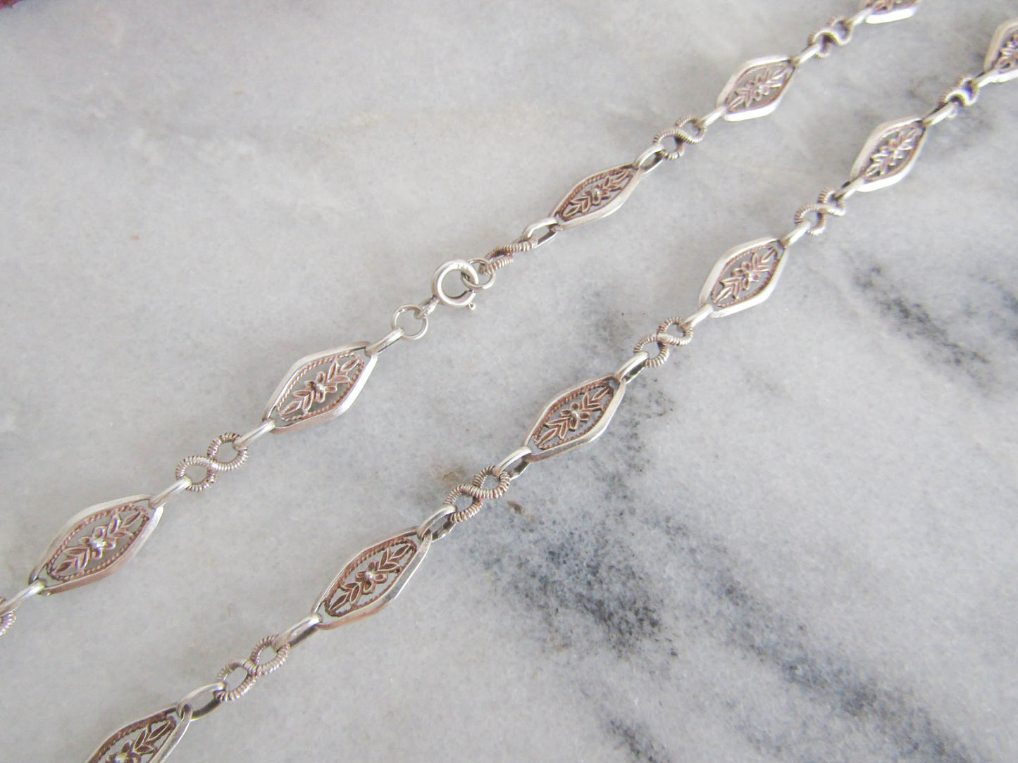 Antique Silver Floral Chain Necklace, Belle Epoque French Vintage Chain c. 1900