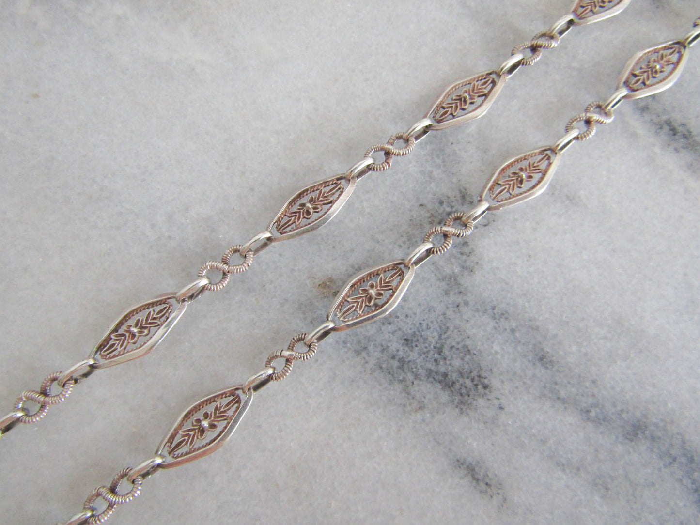 Antique Silver Floral Chain Necklace, Belle Epoque French Vintage Chain c. 1900