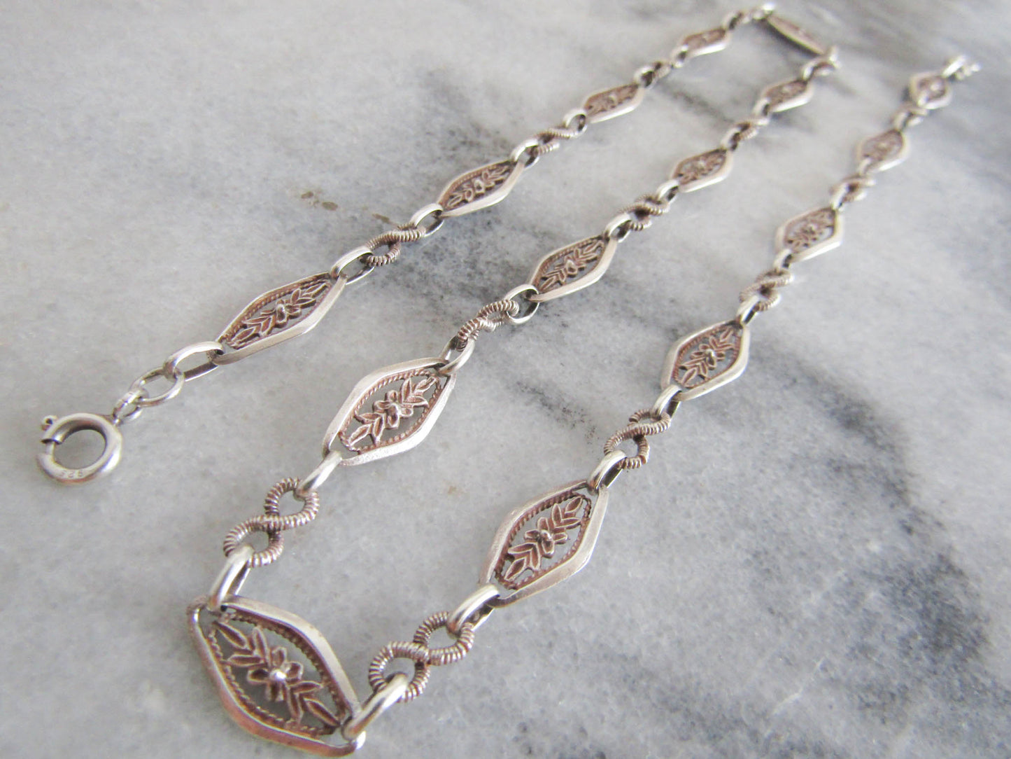 Antique Silver Floral Chain Necklace, Belle Epoque French Vintage Chain c. 1900