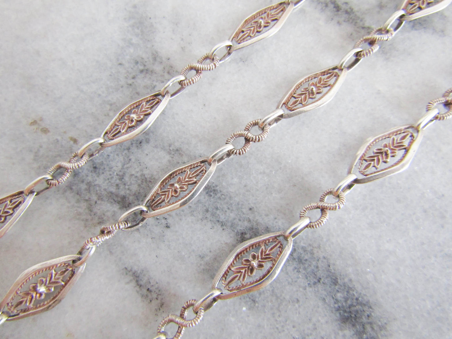 Antique Silver Floral Chain Necklace, Belle Epoque French Vintage Chain c. 1900