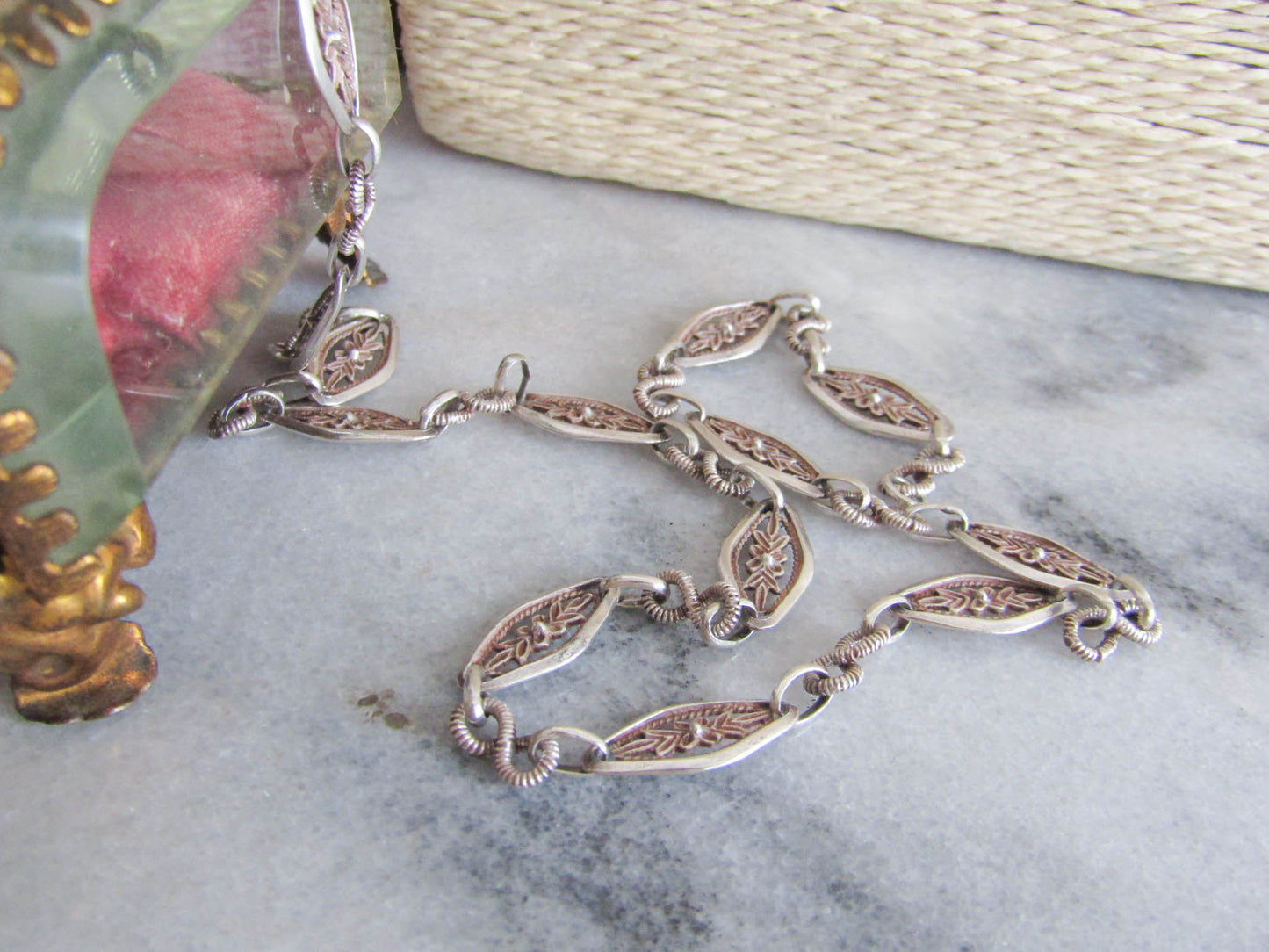 Antique Silver Floral Chain Necklace, Belle Epoque French Vintage Chain c. 1900