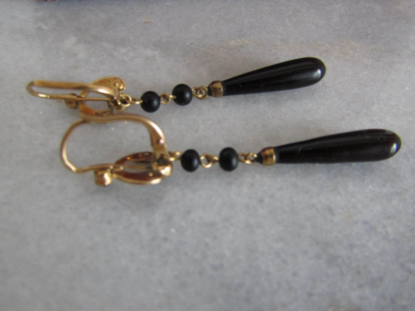 18K Gold Jet Torpedo Drop Earrings, Antique French Belle Epoque Dangle Earrings c. 1910