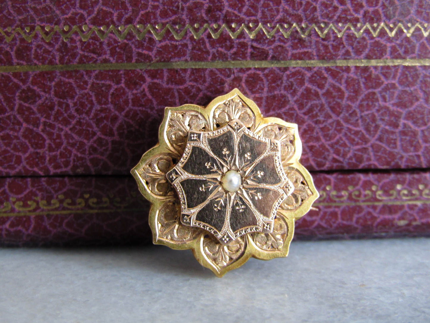 Antique 18k Solid Gold Pearl Floral Starburst Brooch, Antique French Victorian Belle Epoque Brooch c. 1880