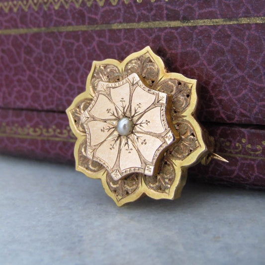 Antique 18k Solid Gold Pearl Floral Starburst Brooch, Antique French Victorian Belle Epoque Brooch c. 1880