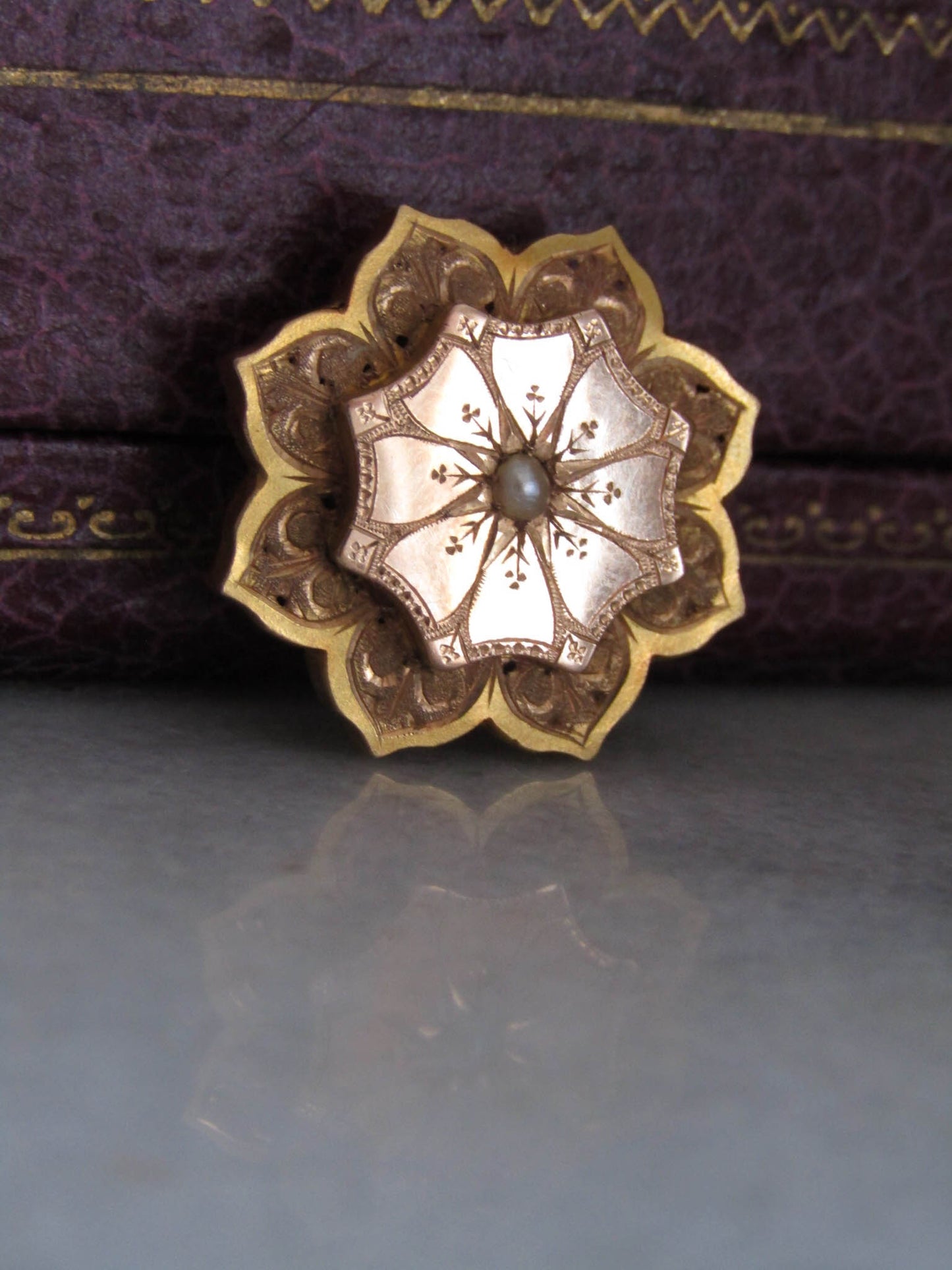 Antique 18k Solid Gold Pearl Floral Starburst Brooch, Antique French Victorian Belle Epoque Brooch c. 1880