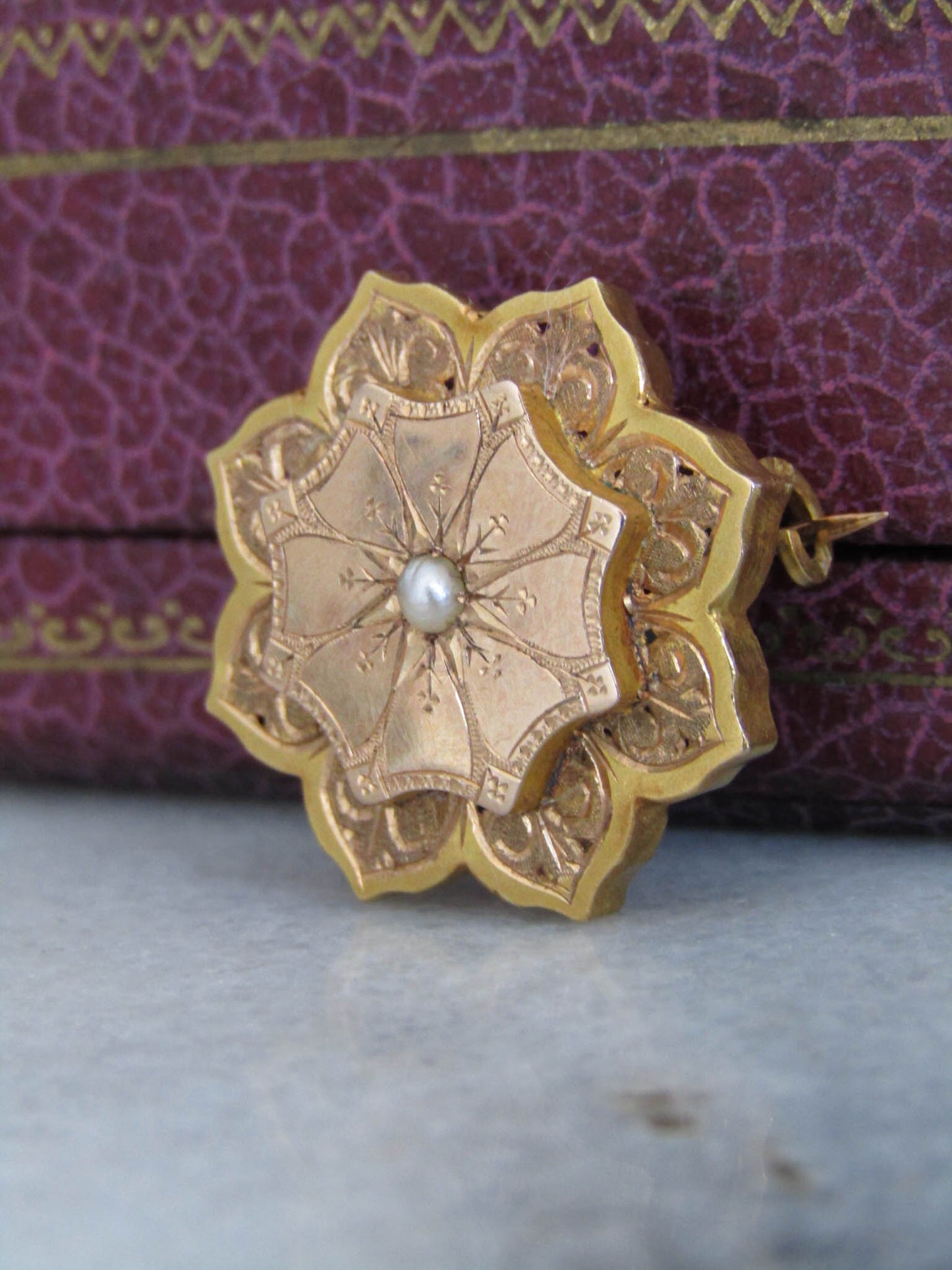 Antique 18k Solid Gold Pearl Floral Starburst Brooch, Antique French Victorian Belle Epoque Brooch c. 1880