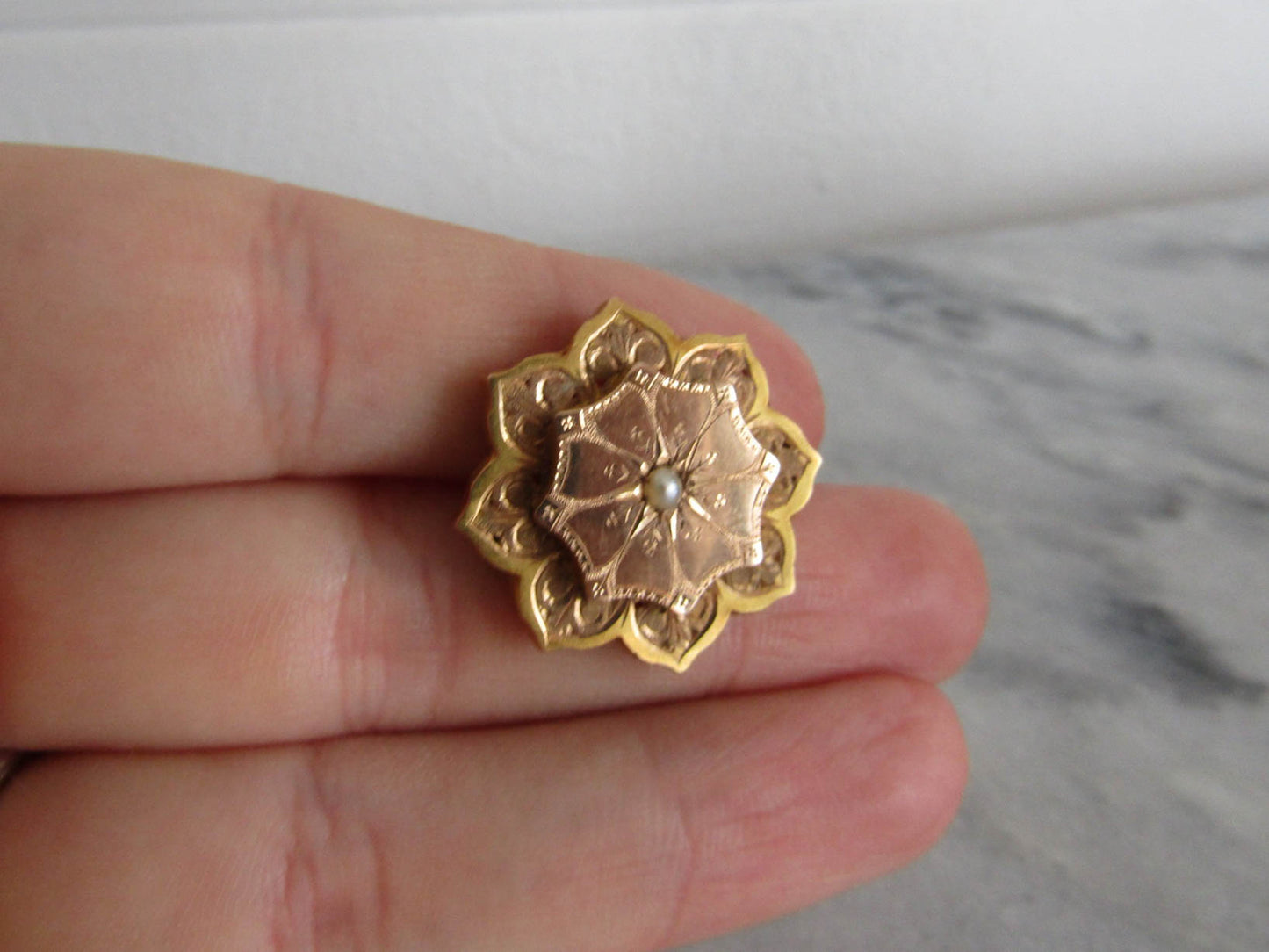 Antique 18k Solid Gold Pearl Floral Starburst Brooch, Antique French Victorian Belle Epoque Brooch c. 1880