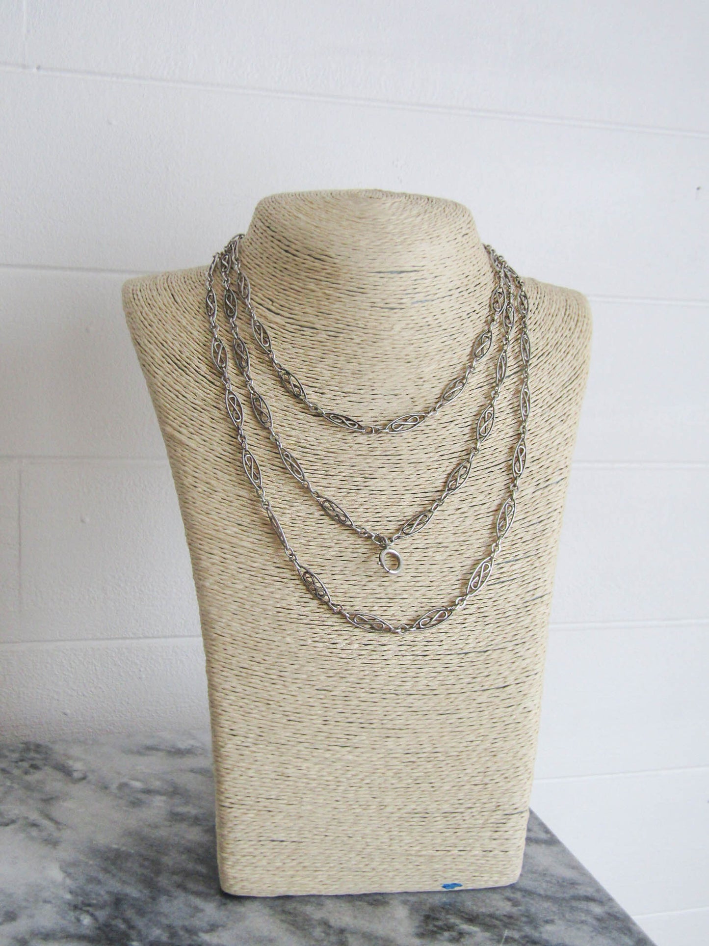 56" Antique Victorian Silver Long Guard Chain, French Belle Epoque Muff Chain with Hanging Bolt Ring