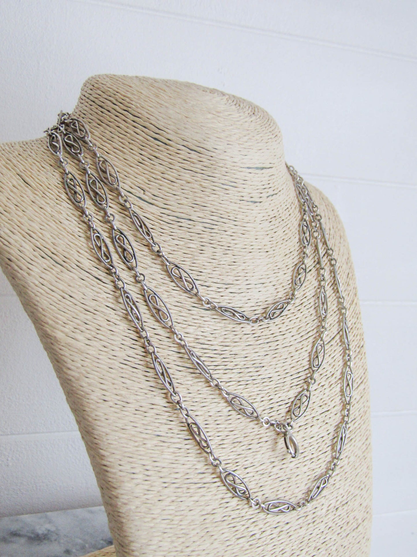 56" Antique Victorian Silver Long Guard Chain, French Belle Epoque Muff Chain with Hanging Bolt Ring