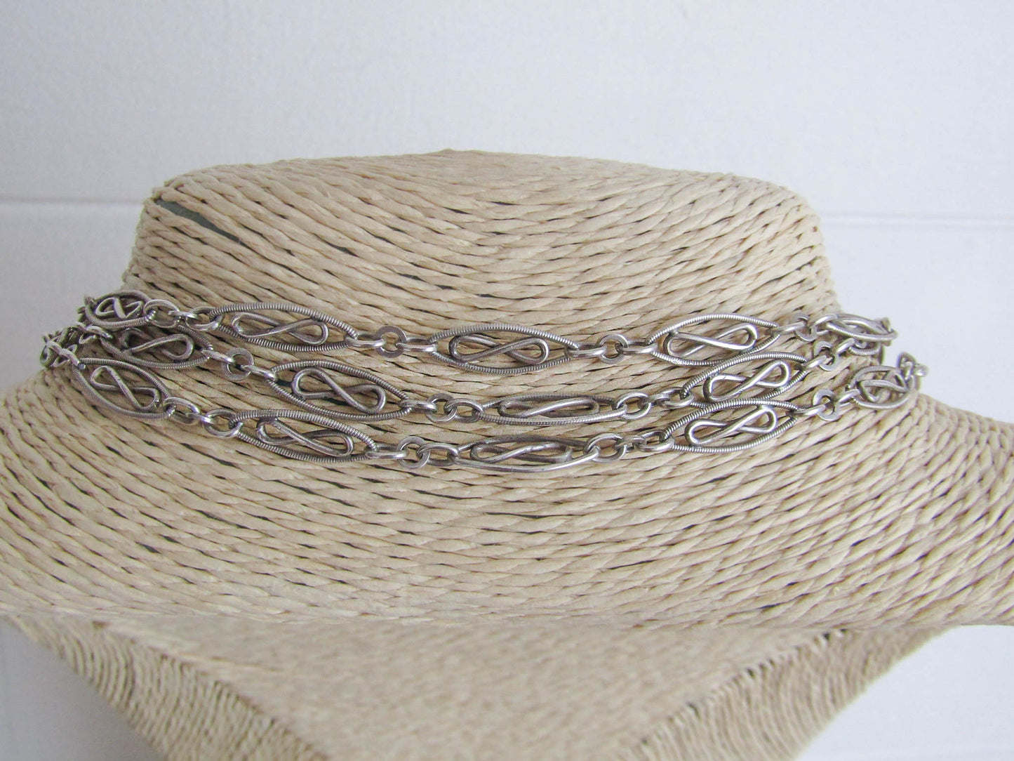 56" Antique Victorian Silver Long Guard Chain, French Belle Epoque Muff Chain with Hanging Bolt Ring