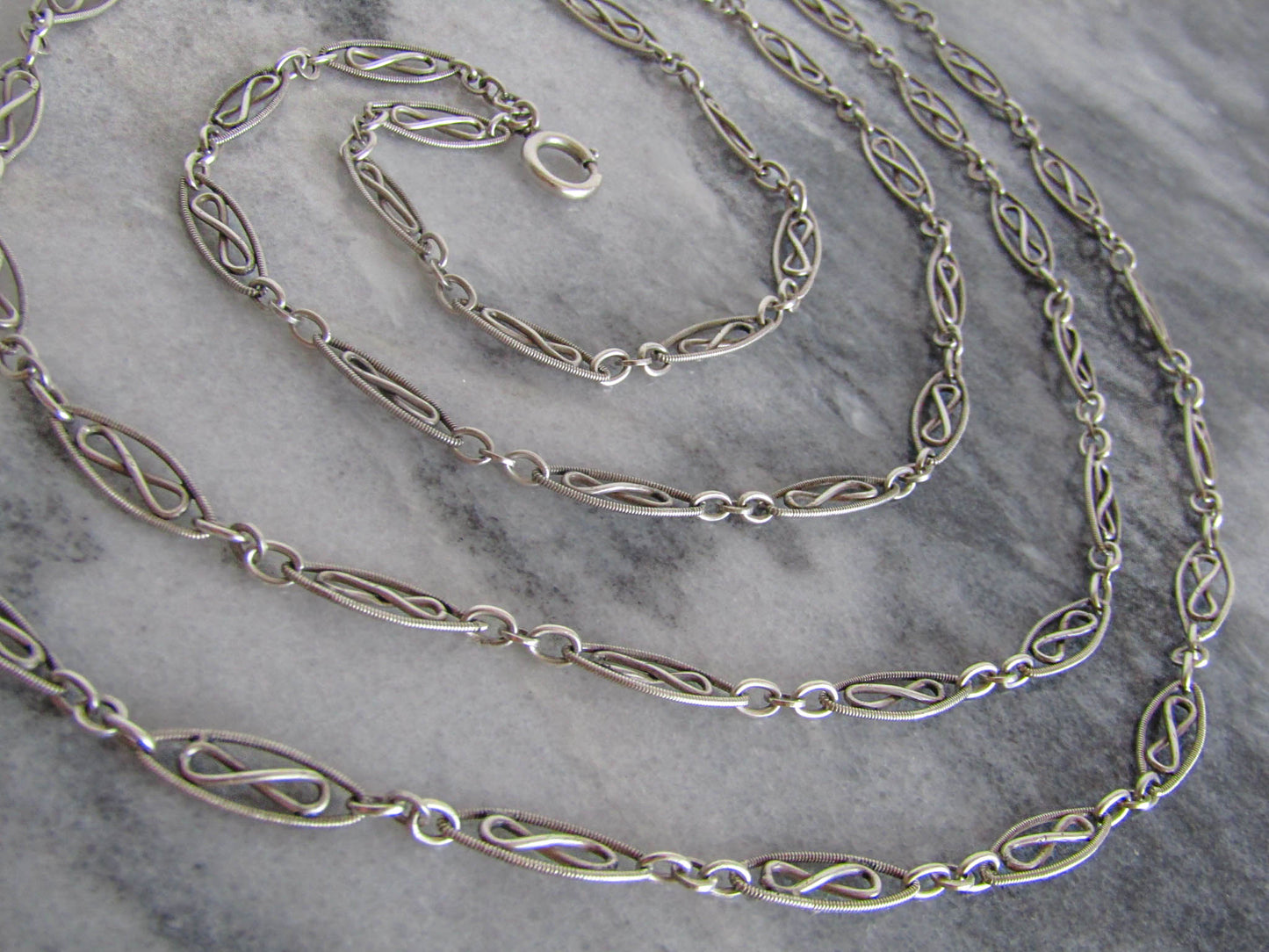 56" Antique Victorian Silver Long Guard Chain, French Belle Epoque Muff Chain with Hanging Bolt Ring