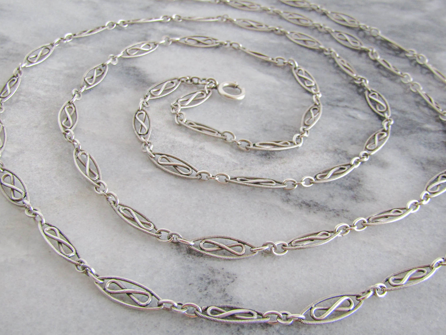 56" Antique Victorian Silver Long Guard Chain, French Belle Epoque Muff Chain with Hanging Bolt Ring