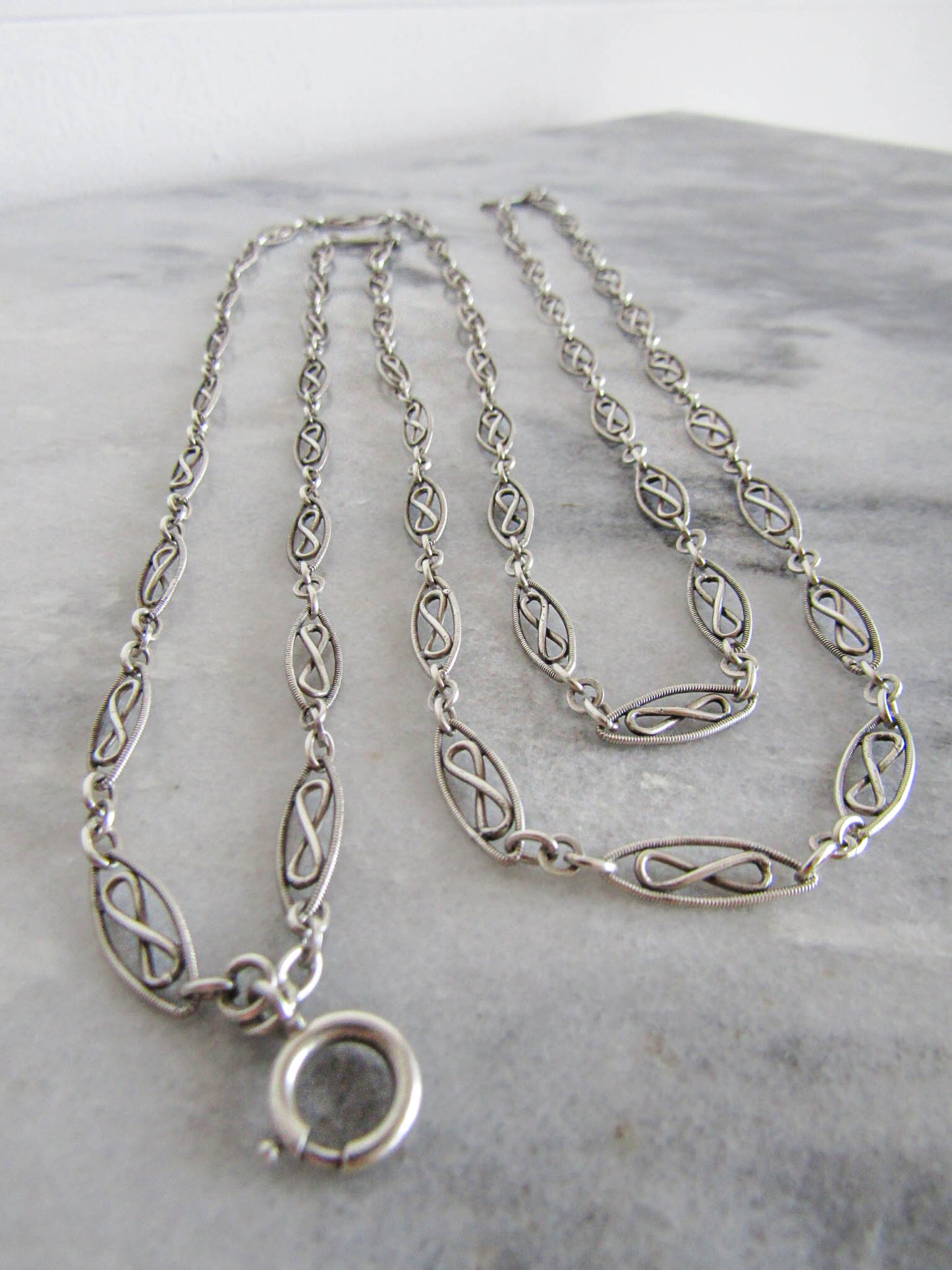 56" Antique Victorian Silver Long Guard Chain, French Belle Epoque Muff Chain with Hanging Bolt Ring