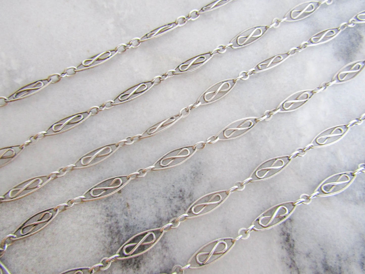 56" Antique Victorian Silver Long Guard Chain, French Belle Epoque Muff Chain with Hanging Bolt Ring