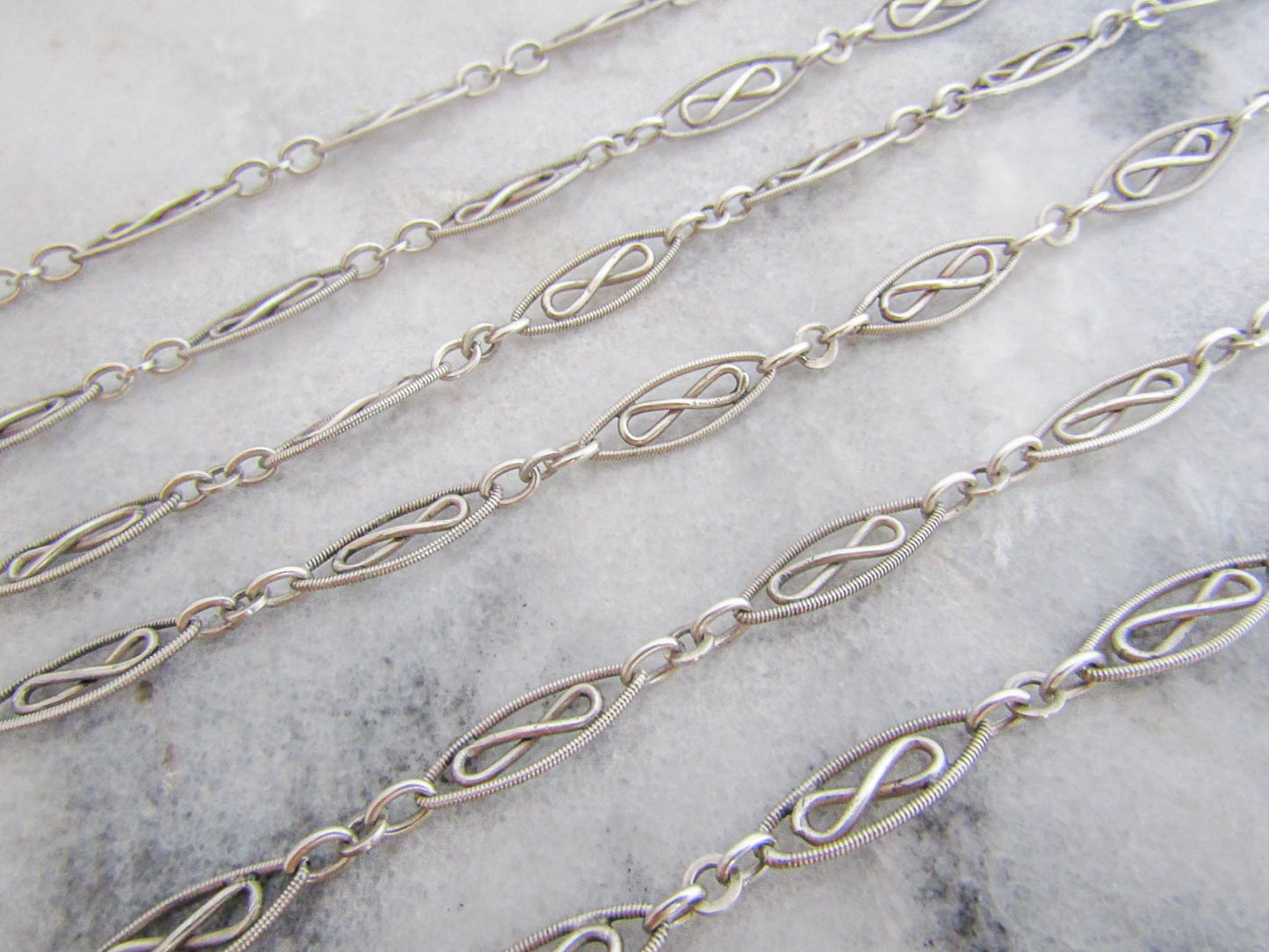 56" Antique Victorian Silver Long Guard Chain, French Belle Epoque Muff Chain with Hanging Bolt Ring