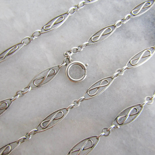 56" Antique Victorian Silver Long Guard Chain, French Belle Epoque Muff Chain with Hanging Bolt Ring