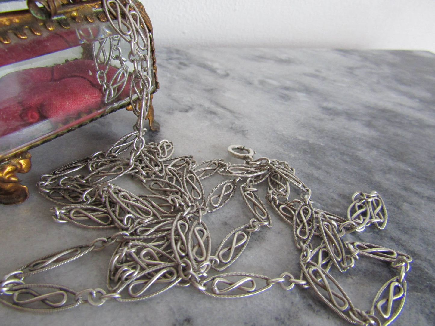 56" Antique Victorian Silver Long Guard Chain, French Belle Epoque Muff Chain with Hanging Bolt Ring