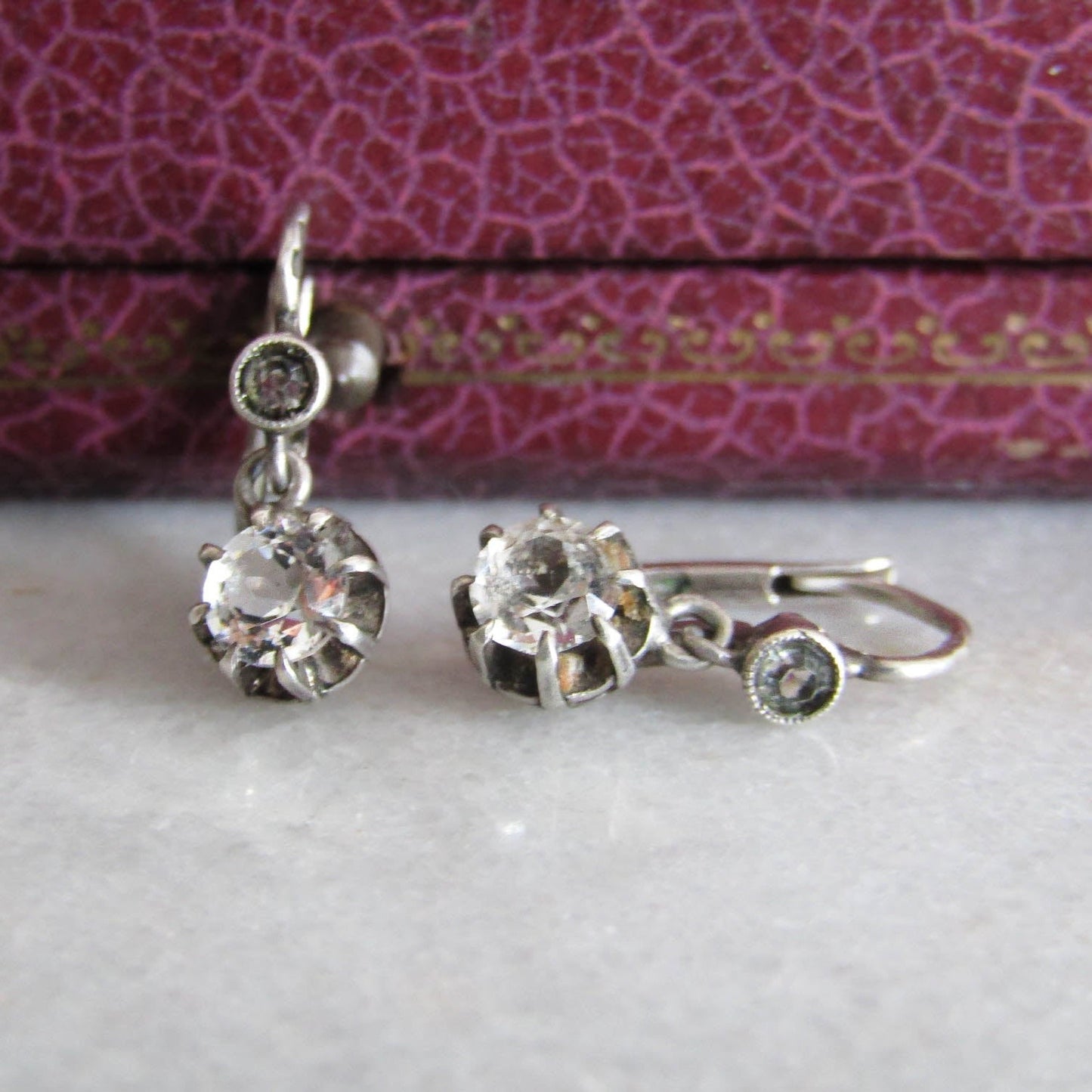 Art Deco Silver Rock Crystal Drop Earrings, Antique French Sleeper Earrings