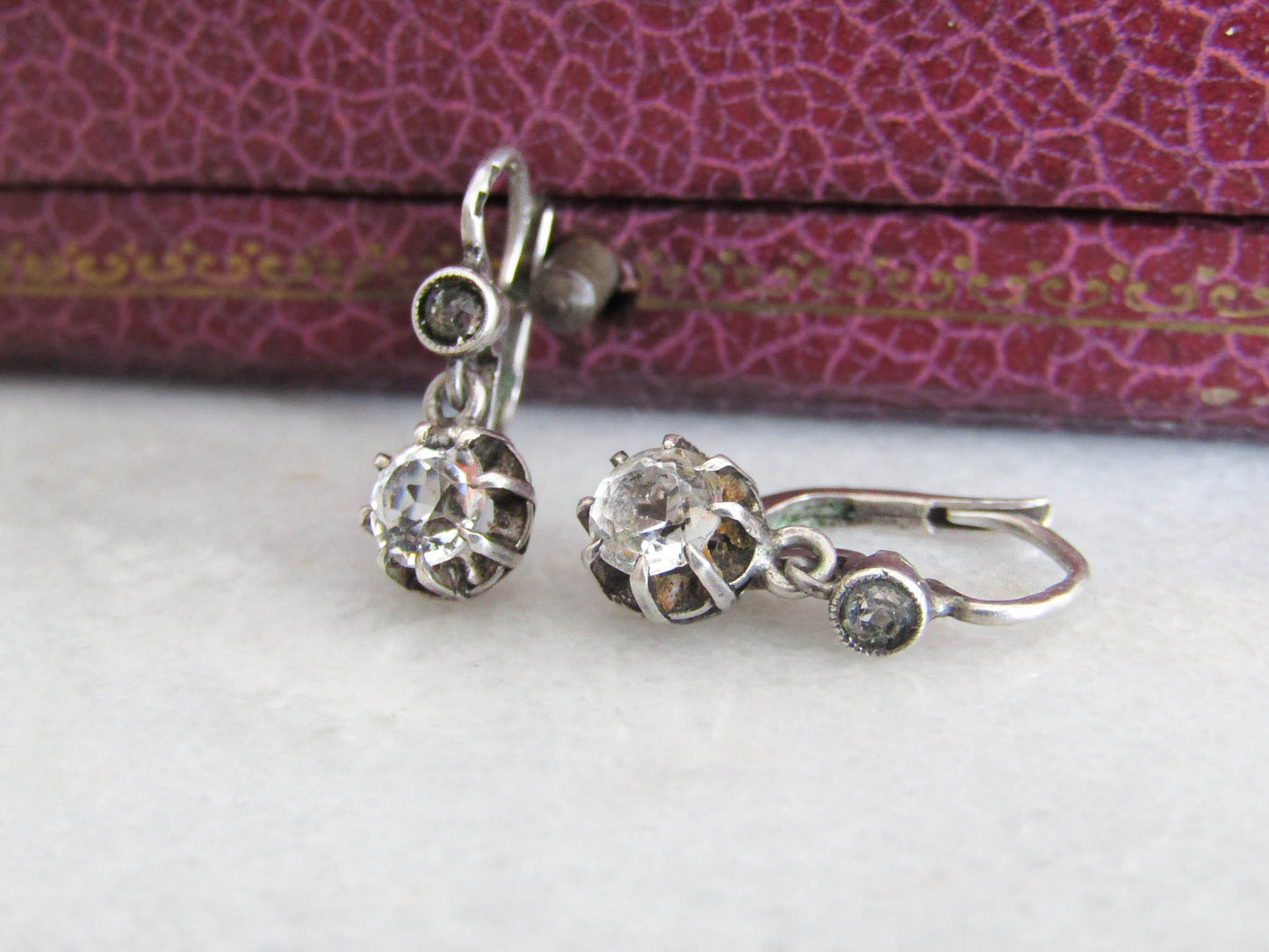 Art Deco Silver Rock Crystal Drop Earrings, Antique French Sleeper Earrings