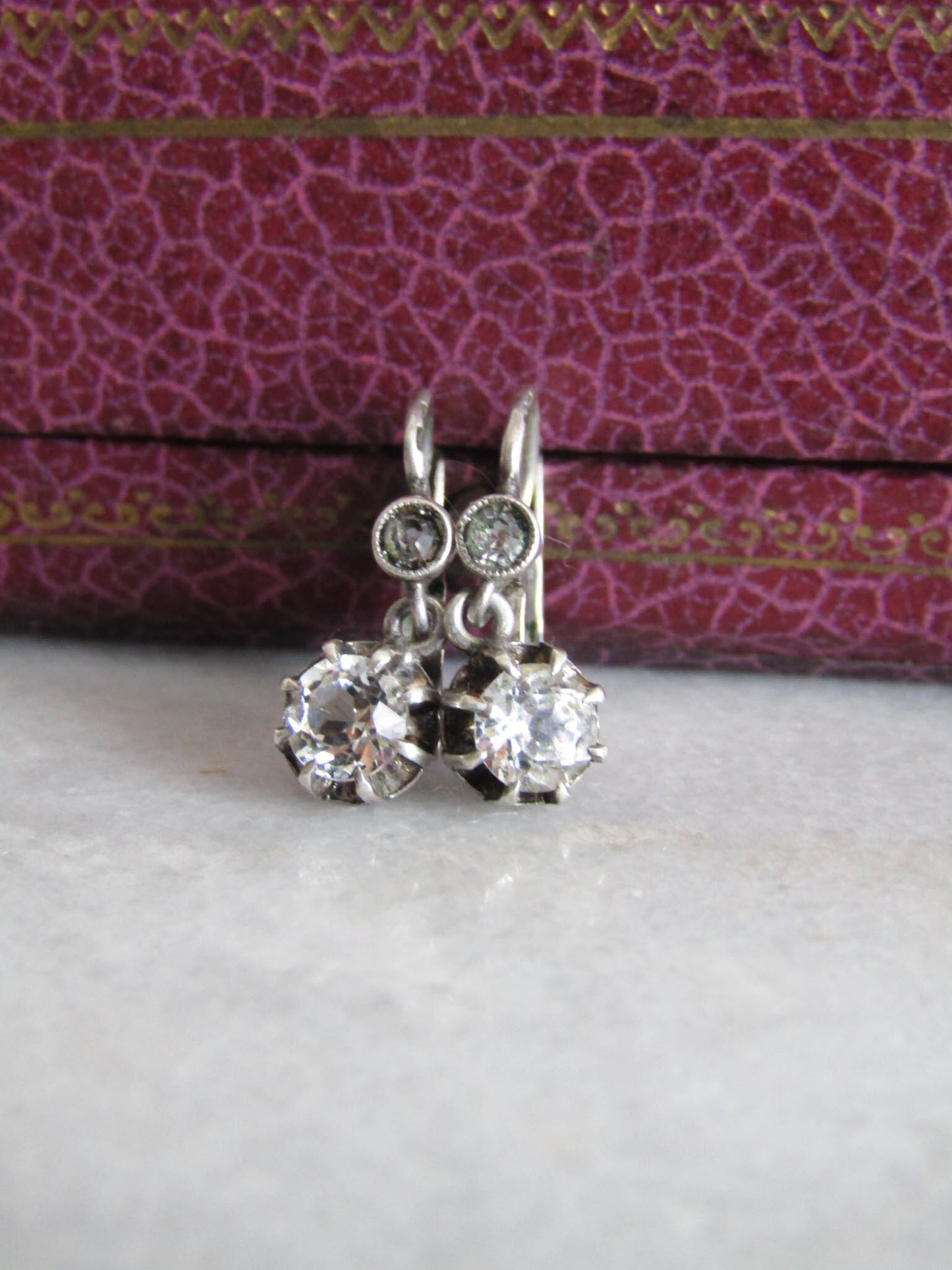 Art Deco Silver Rock Crystal Drop Earrings, Antique French Sleeper Earrings