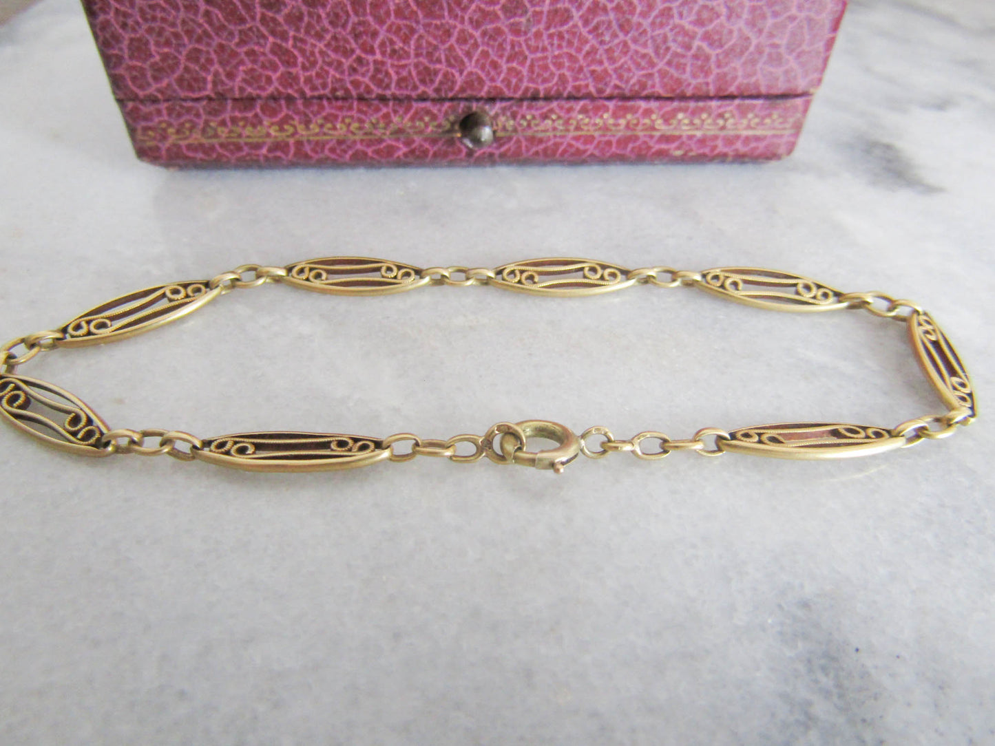 Antique 18K Solid Gold French Filigree Bracelet, Belle Epoque Gold Chain