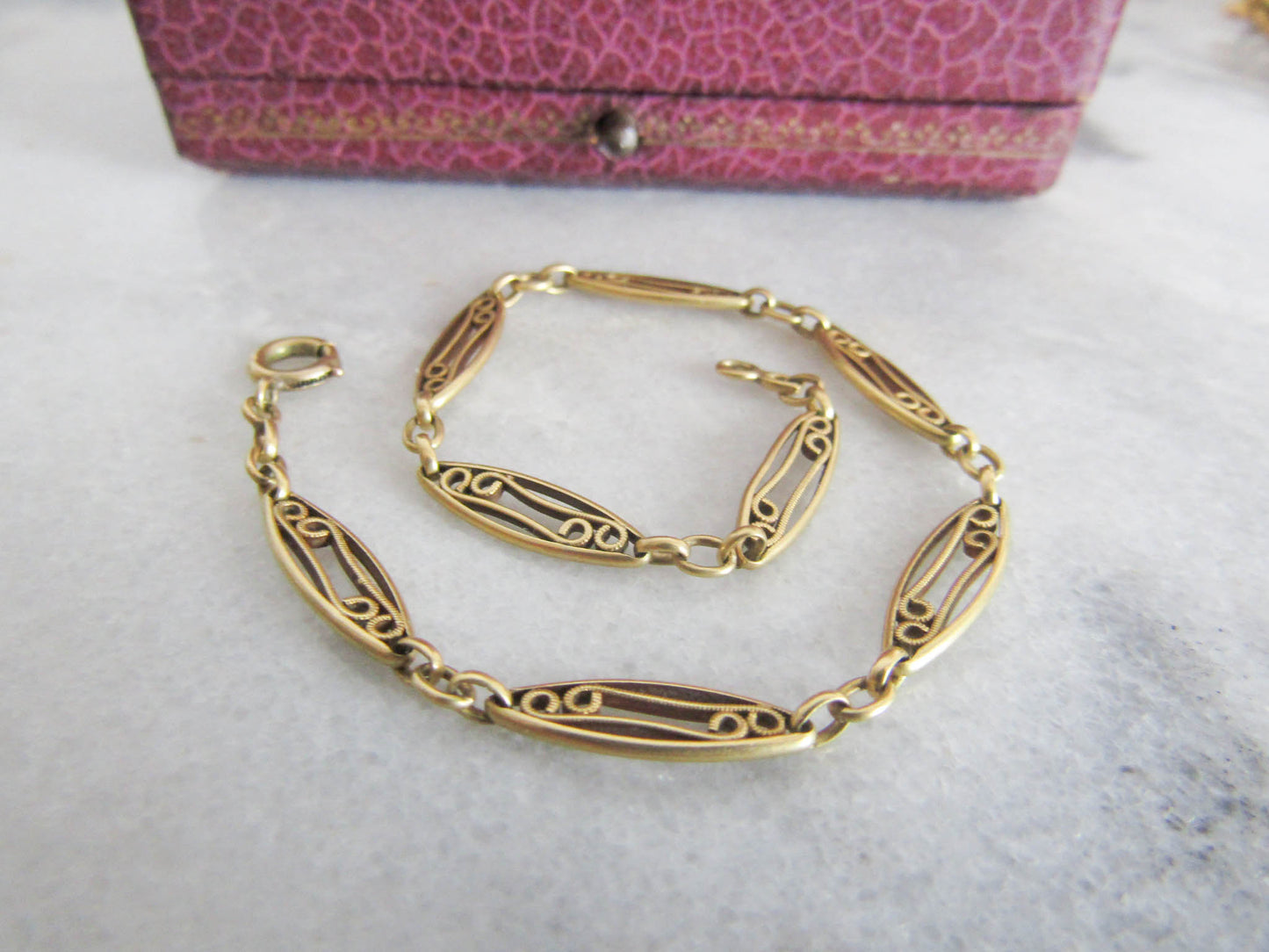 Antique 18K Solid Gold French Filigree Bracelet, Belle Epoque Gold Chain