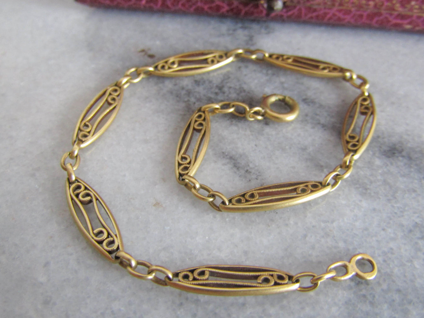 Antique 18K Solid Gold French Filigree Bracelet, Belle Epoque Gold Chain