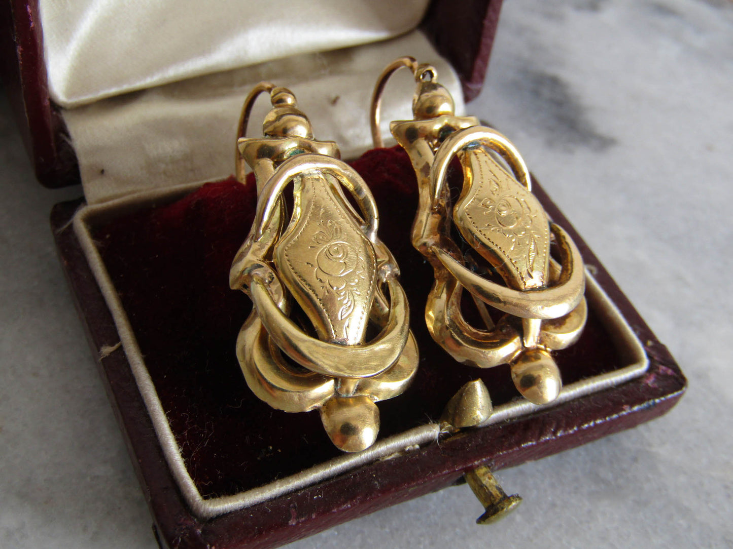 18K Antique Napoleon III Solid Gold Dangle Earrings, French Belle Epoque Earrings