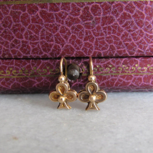 18K Lucky Shamrock Earrings, Antique French Belle Epoque Sleeper Earrings, Dormeuse