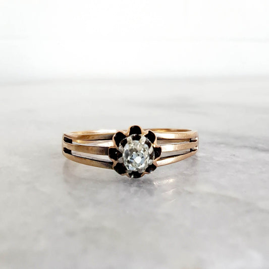 Antique 18K Diamond Buttercup Solitaire Ring, French Victorian Rose Gold Old Mine Cut Diamond Solitaire Engagement Ring, Belle Epoque Ring