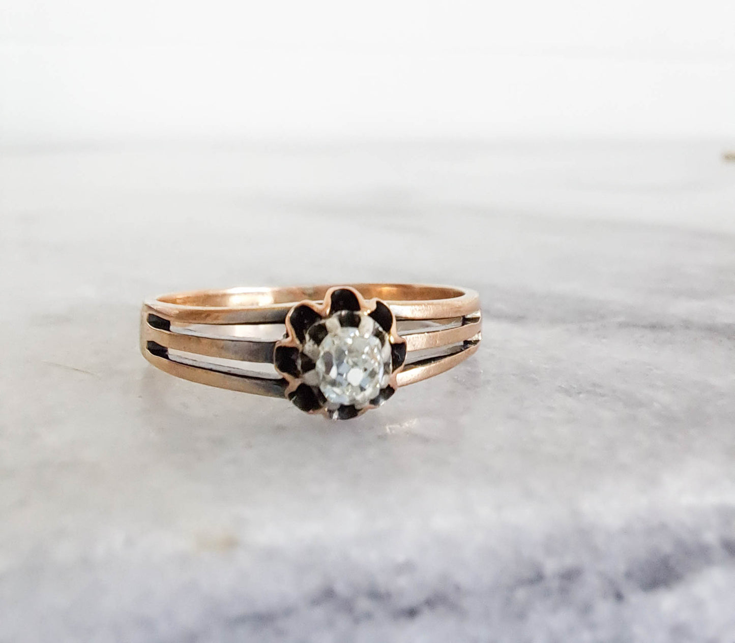 Antique 18K Diamond Buttercup Solitaire Ring, French Victorian Rose Gold Old Mine Cut Diamond Solitaire Engagement Ring, Belle Epoque Ring