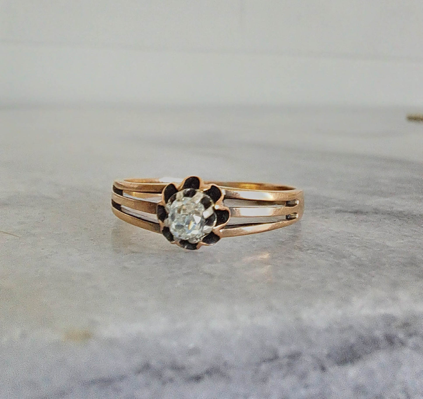 Antique 18K Diamond Buttercup Solitaire Ring, French Victorian Rose Gold Old Mine Cut Diamond Solitaire Engagement Ring, Belle Epoque Ring