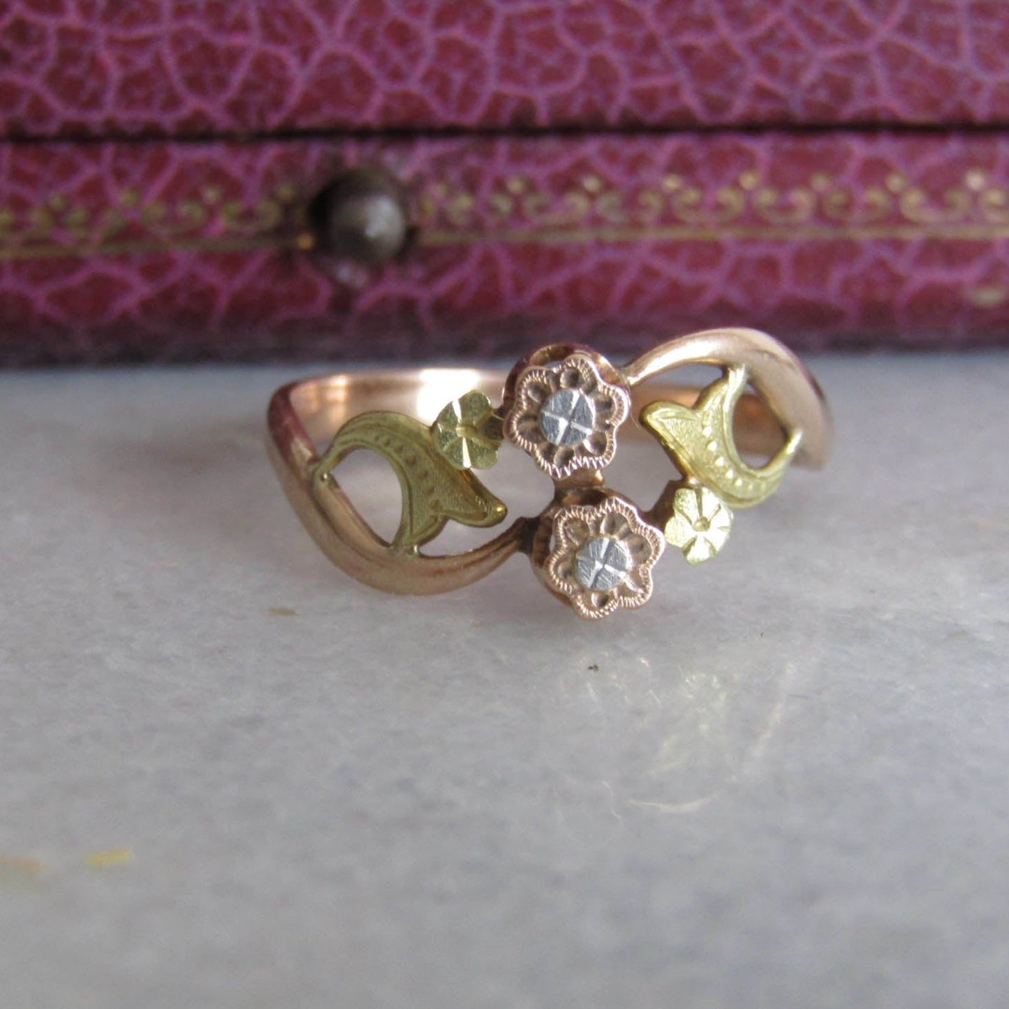 Antique 18K Belle Epoque Floral Ring with Green, White, and Rose Gold, French Ring c. 1870