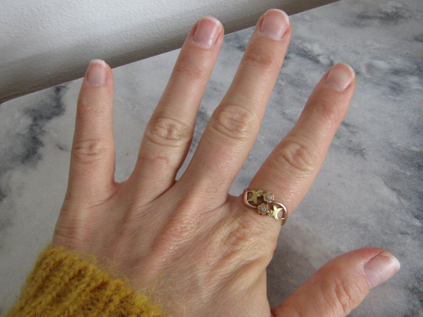 Antique 18K Belle Epoque Floral Ring with Green, White, and Rose Gold, French Ring c. 1870