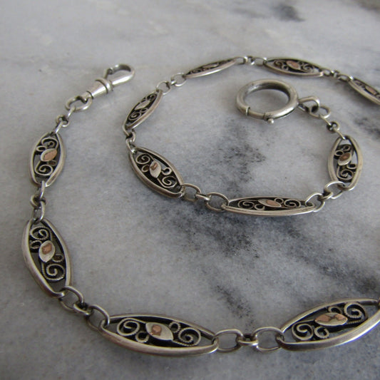 French Silver Vermeil Watch Chain, Antique French Belle Epoque Choker Necklace